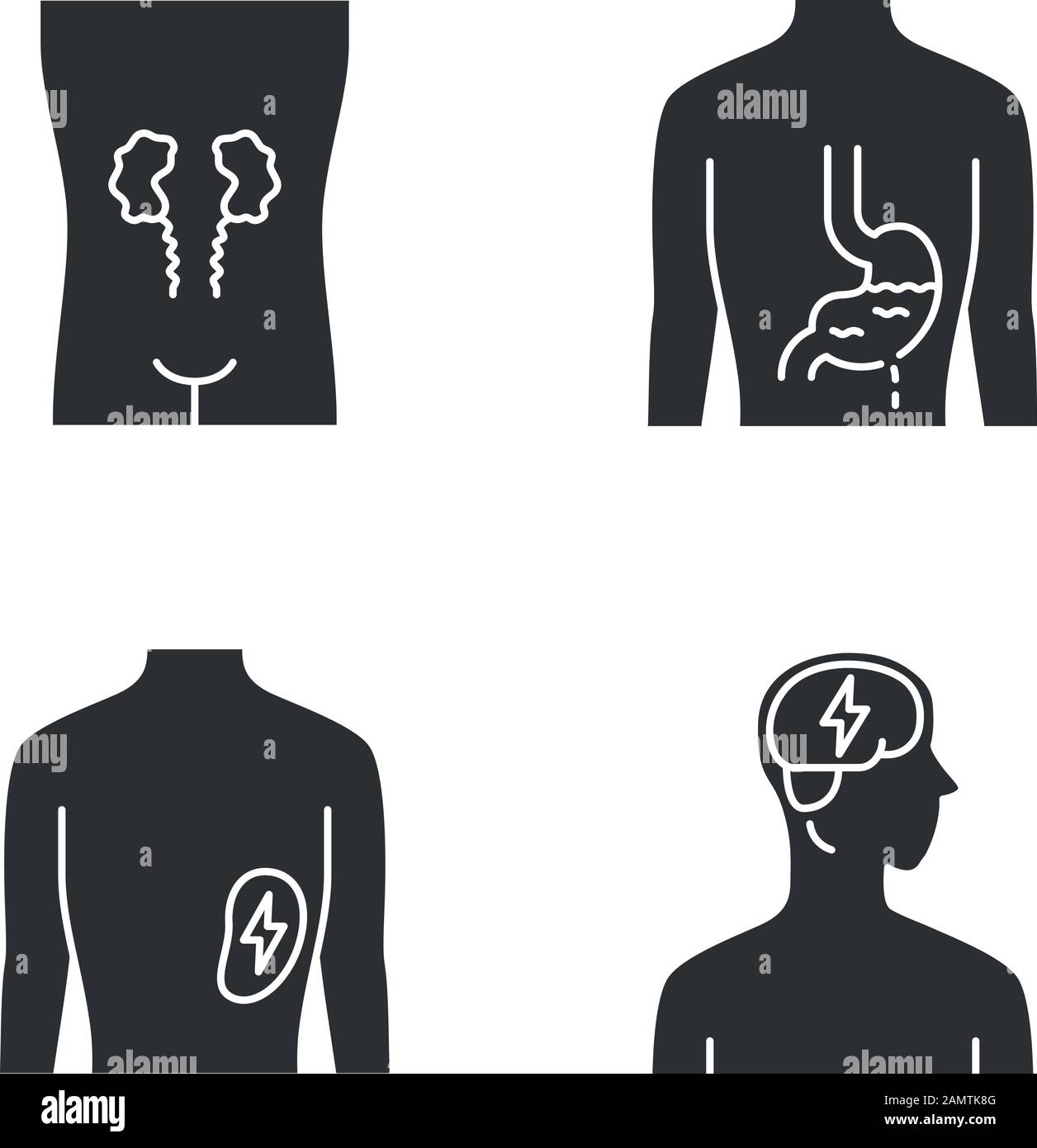 Ill human organs glyph icons set. Sore kidneys and spleen. Aching stomach. Unhealthy brain. Sick internal body parts. Silhouette symbols. Vector isola Stock Vector