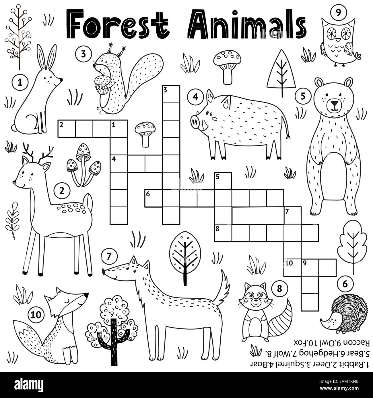 Black and white crossword for kids with forest animals. Woodland coloring page Stock Vector