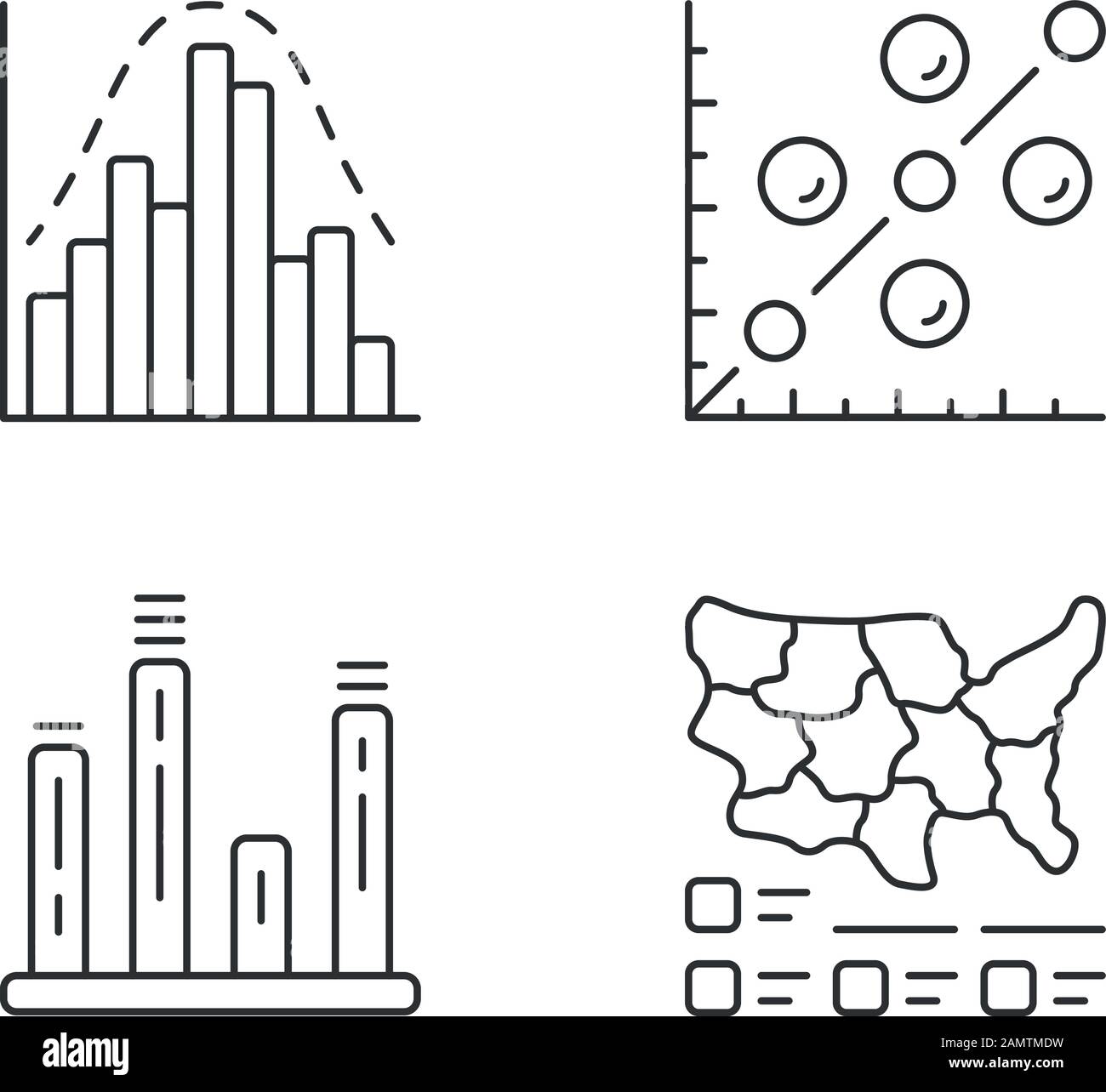 Diagrams linear icons set. Histogram, bar graph, scatter plot, cartogram. Statistics data. Analytical information. Thin line contour symbols. Isolated Stock Vector
