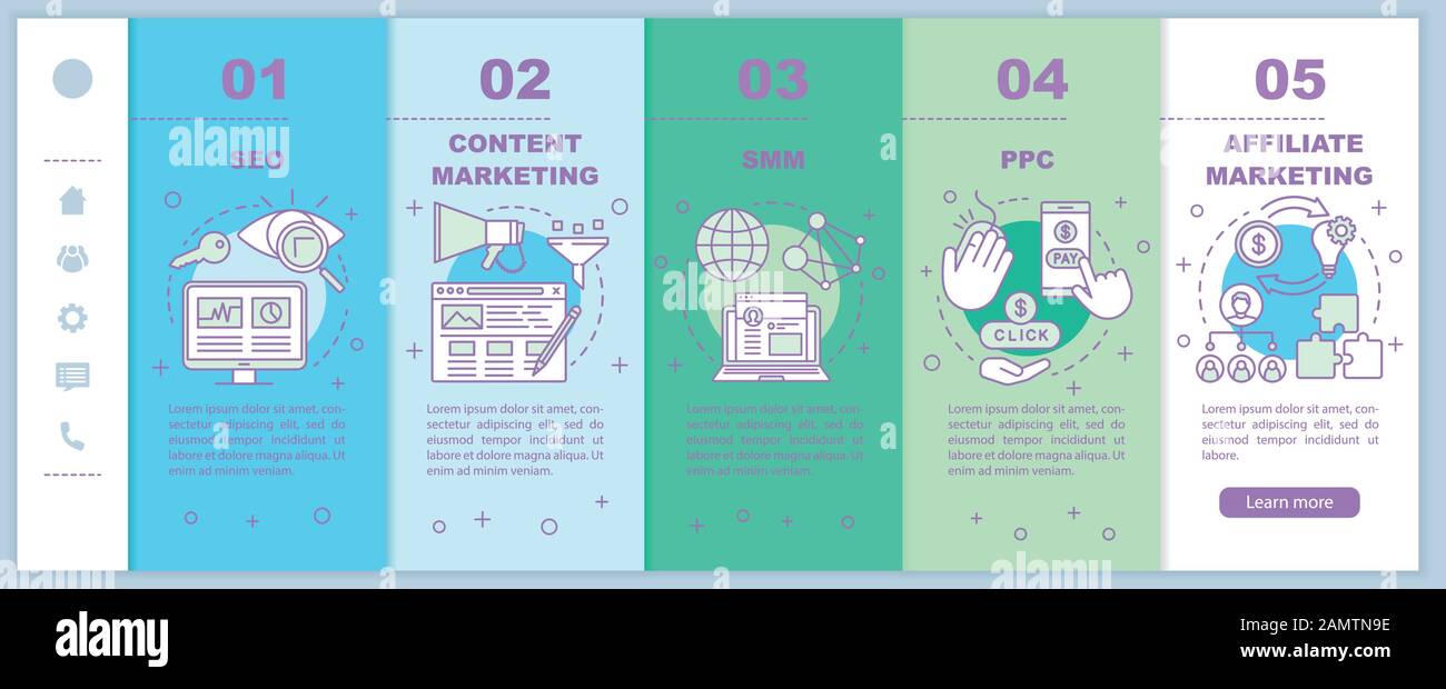 Digital marketing tactics onboarding mobile web pages vector template ...