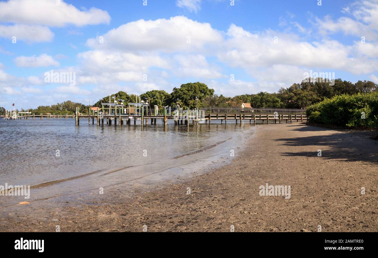 Clouds and Blue sky over Jones Bayou pier on Anna Maria island, Florida