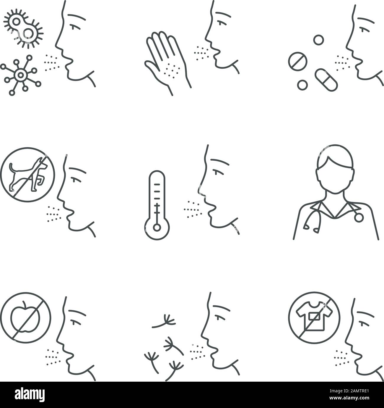 Allergies linear icons set. Contact, food, respiratory diseases. Allergen sources. Diagnosis and medication. Thin line contour symbols. Isolated vecto Stock Vector