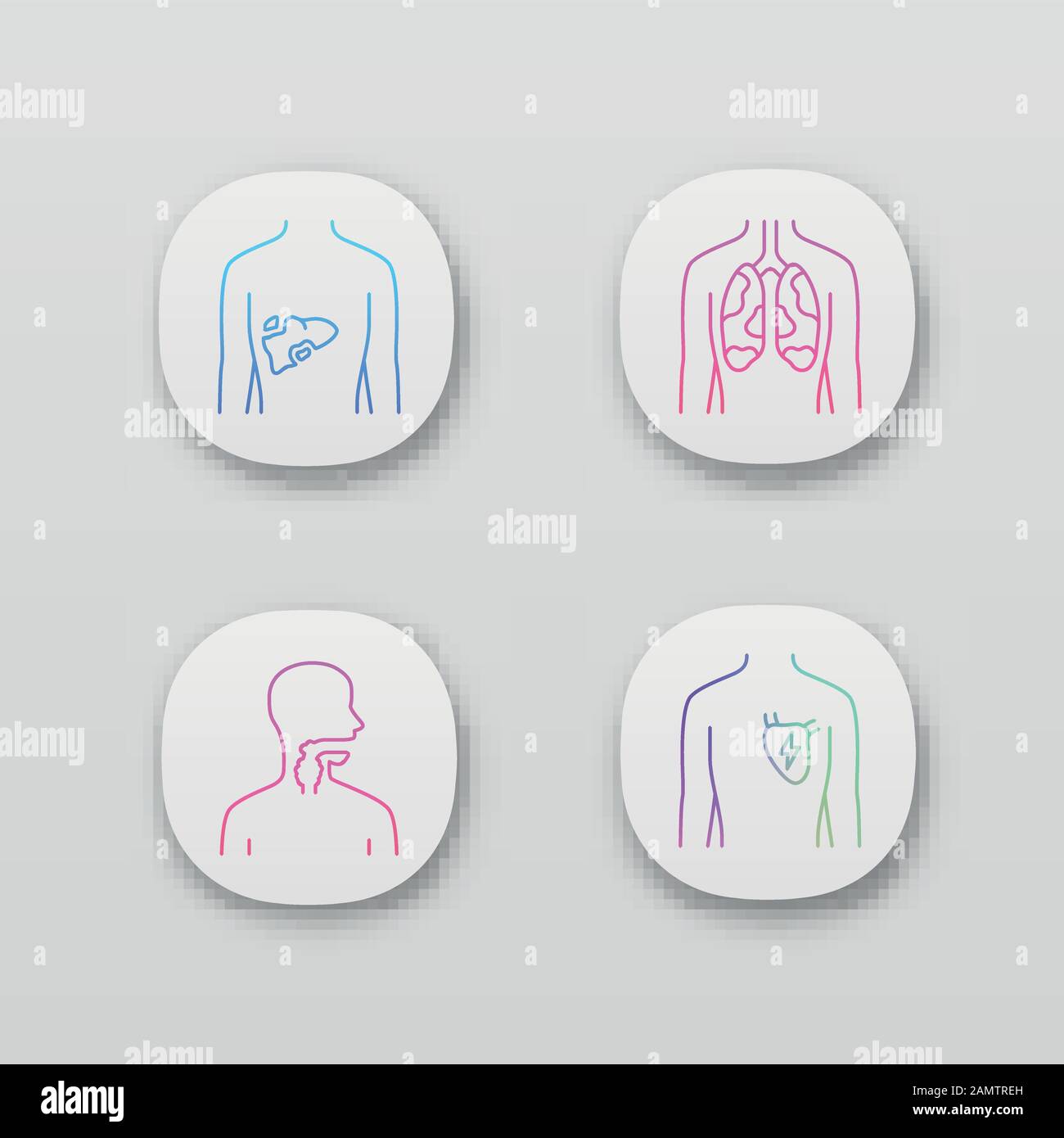 Ill human organs app icons set. Sore liver and lungs. Aching throat ...