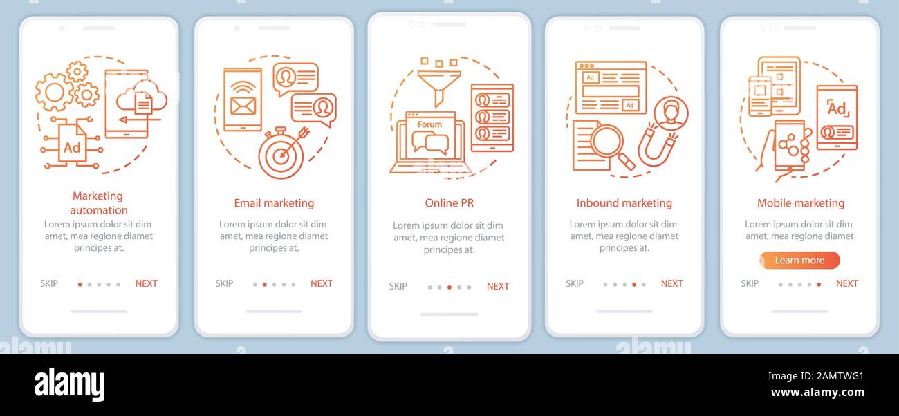 Digital marketing tactics orange onboarding mobile app page screen ...