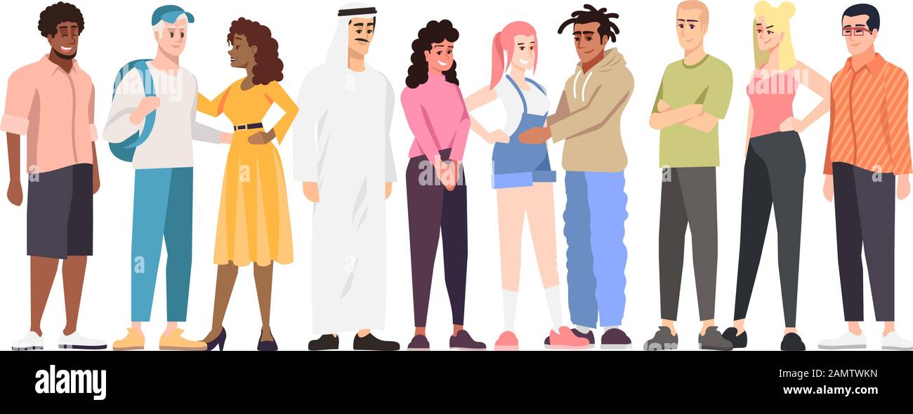Multinational students group flat vector illustration. Multiracial community members cartoon characters. International cooperation. Racial tolerance a Stock Vector