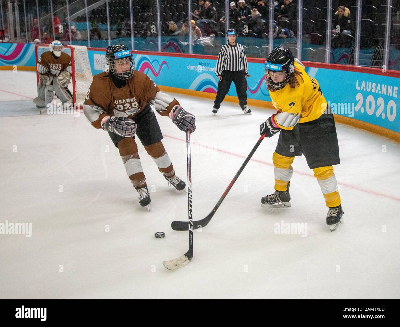 Lausanne, Switzerland. 13th Jan, 2020. Anke Steeno (yellow) and other competitors (brown) in action during the women's mixed NOC 3-on-3 ice hockey preliminary round (game 28; brown v. yellow), during Day 4 of the Lausanne 2020 Winter Youth Olympic Games, at Lausanne Skating Arena. Credit: SOPA Images Limited/Alamy Live News Stock Photo