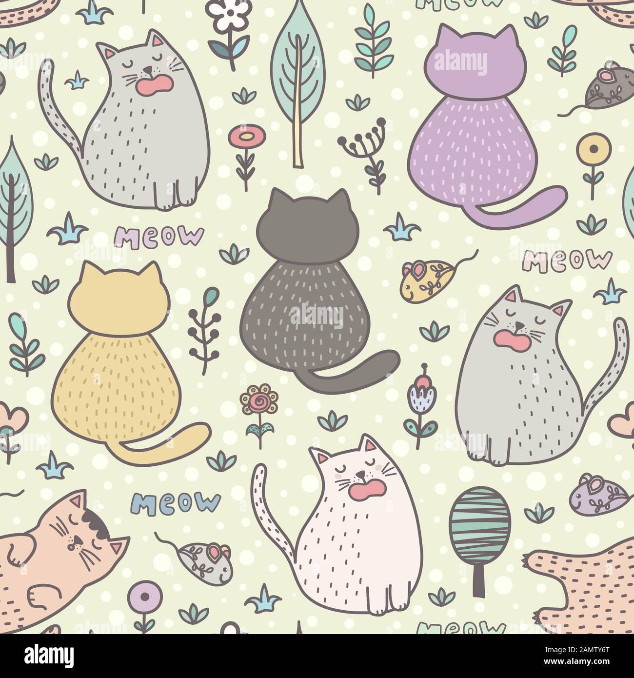 Funny cartoon cats seamless pattern. Childish background Stock Vector