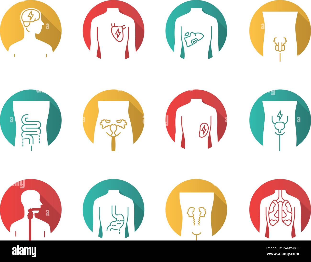 Ill human organs flat design long shadow glyph icons set. Sore heart ...