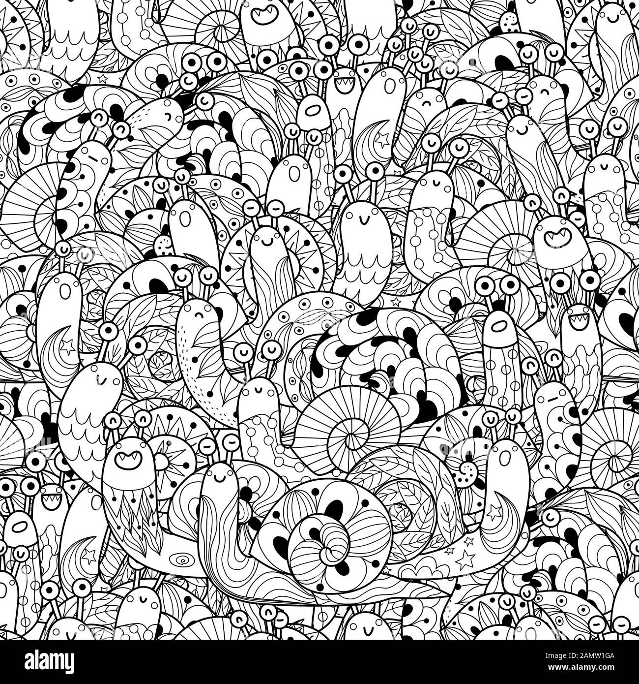 Black and white seamless pattern with funny snails Stock Vector