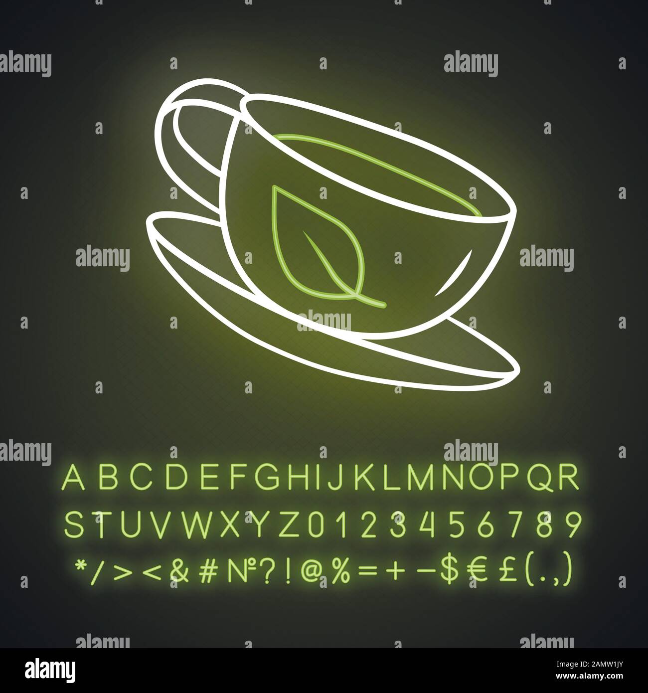 Green tea cup neon light icon. Natural, eco herbal drink. Coffee shop