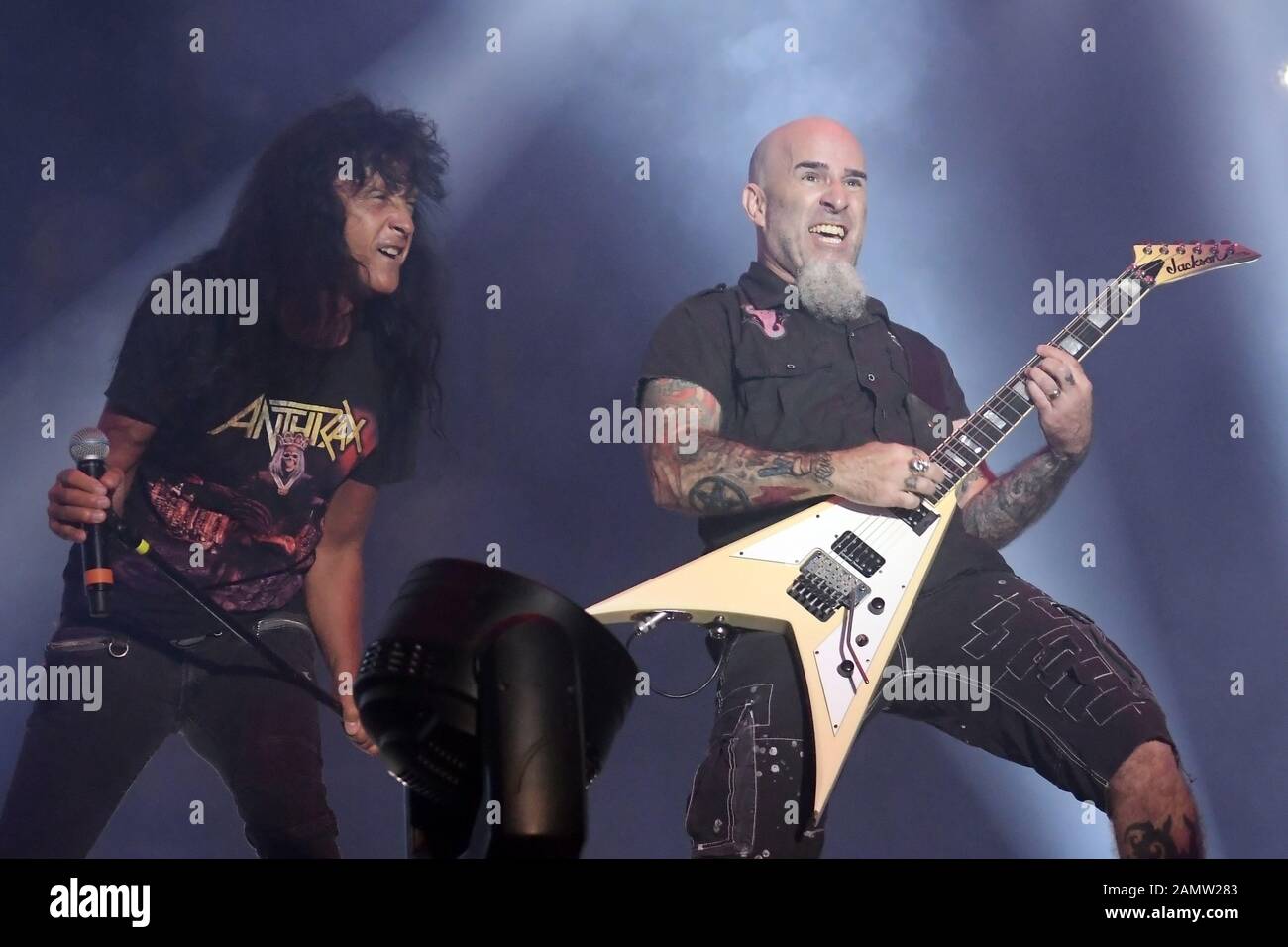 Rio de Janeiro, Brazil, October 4, 2019. Guitarist Scott Ian and vocalist Joey Belladonna of the heavy metal band Anthrax during a concert in Rock in Stock Photo