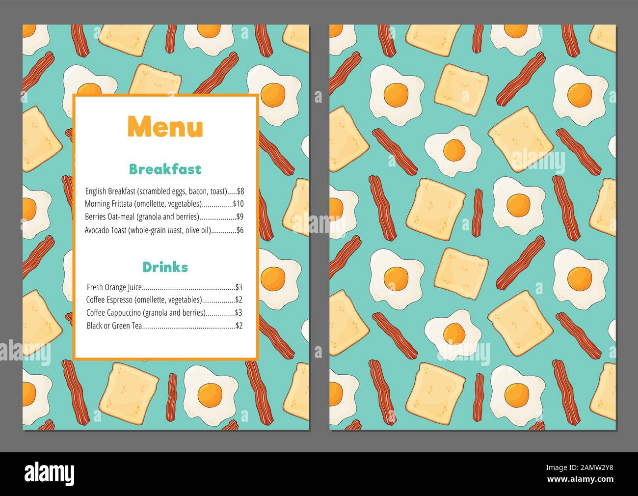 Colorful menu with scrambled eggs, bacon and bread Stock Vector Image