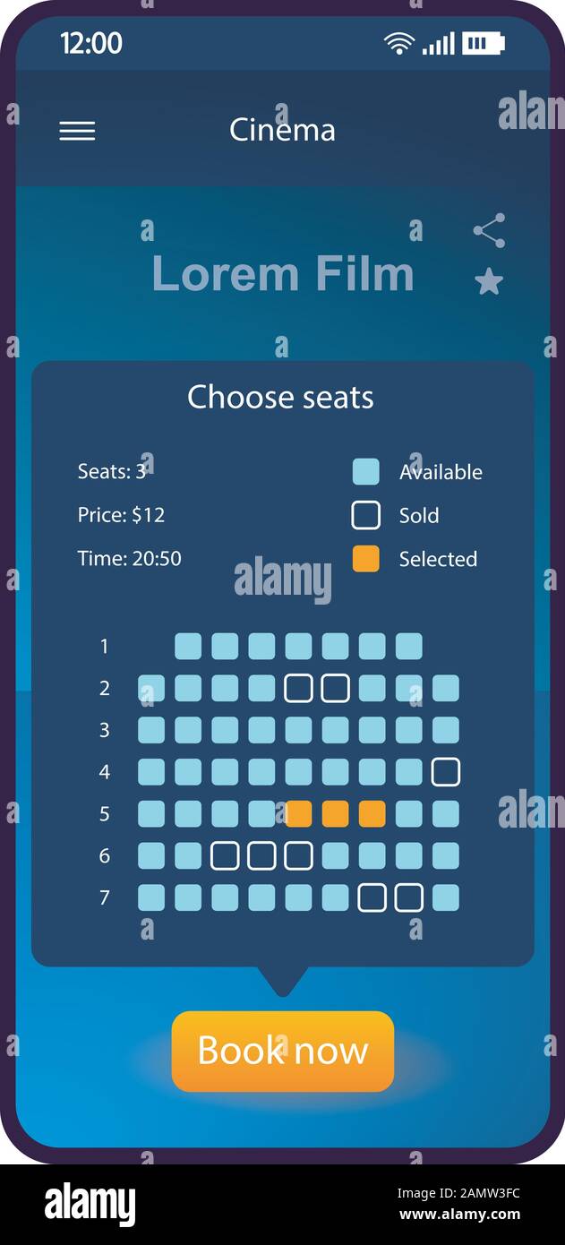 Cinema tickets booking smartphone interface vector template. Mobile app ...