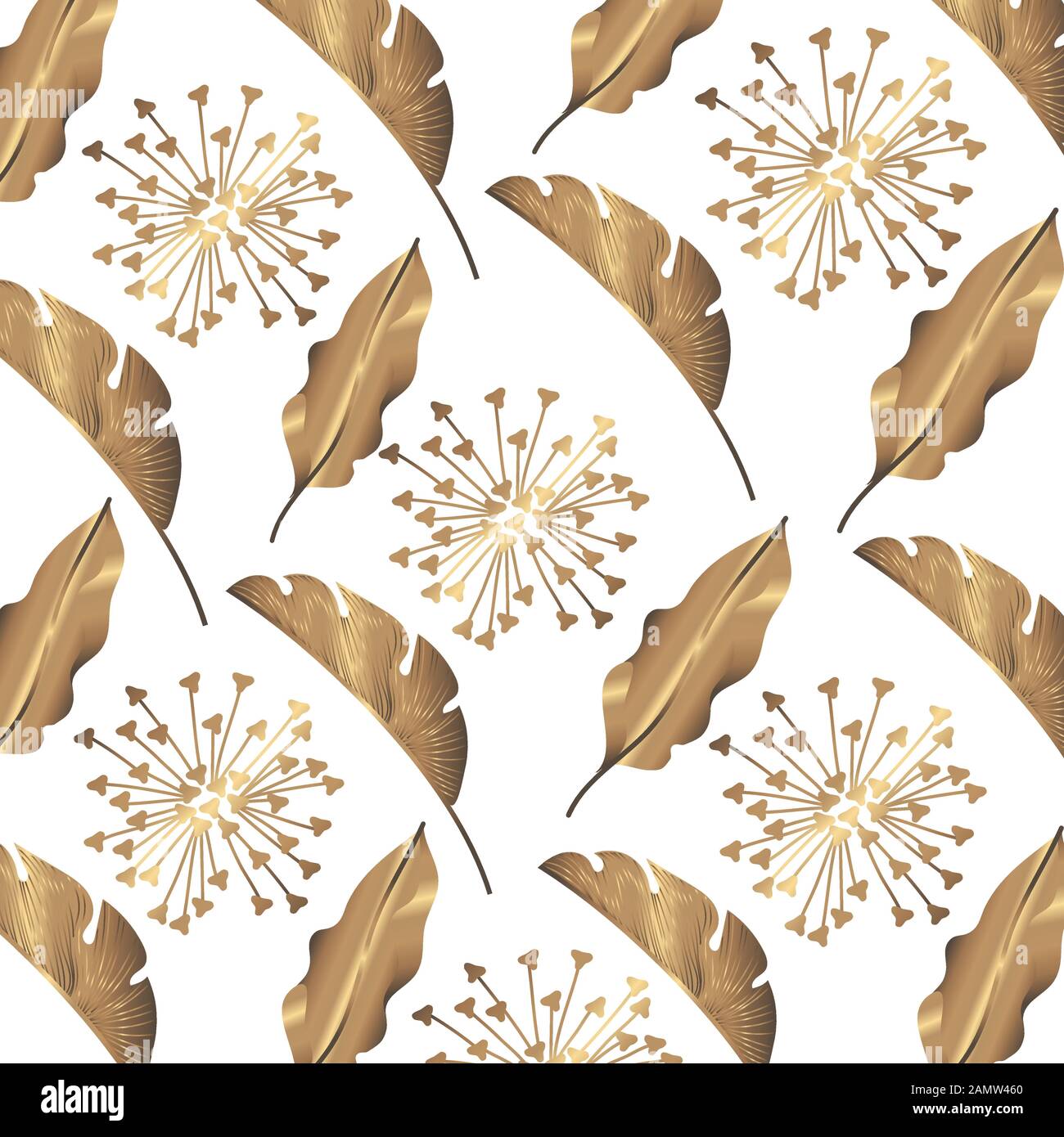 tropical heliconias and leafs exotic plants golden pattern Stock Vector ...