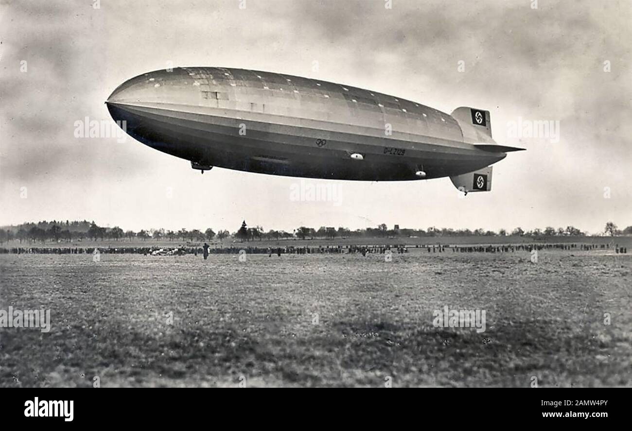 The LZ 129 Hindenburg takes off on its first flight on March 4, 1936. Stock Photo