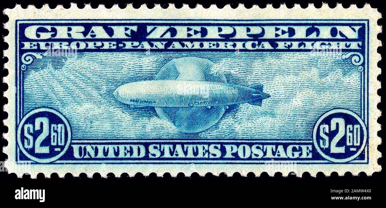 1930 Graf Zeppelin stamp;  $2.60 Blue, GRAF ZEPPELIN and Airship number LZ-127 depicted on image of Zeppelin. Issued: April 19, 1930 Stock Photo