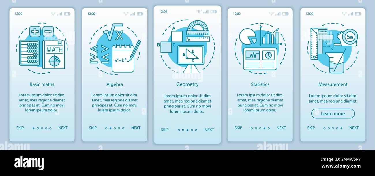 Learning maths course, educational tool onboarding mobile app page screen vector template. Walkthrough website five steps with linear illustrations. U Stock Vector