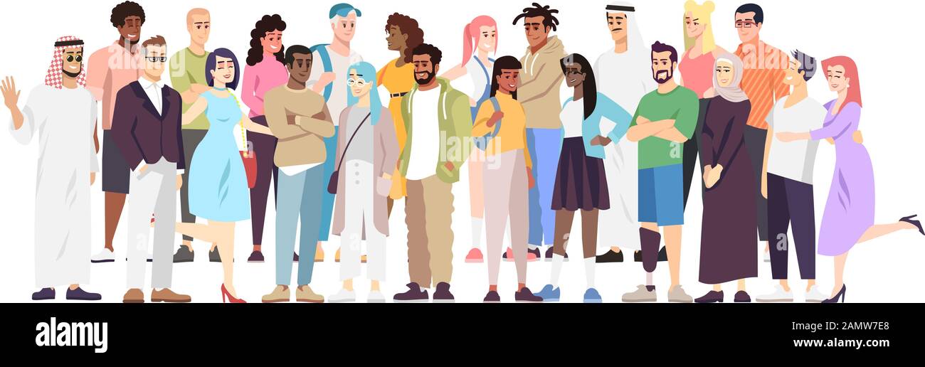 Demographic diversity flat vector illustration. Different nations representatives standing together. Arabian, European, Hispanic word cooperation. Mul Stock Vector