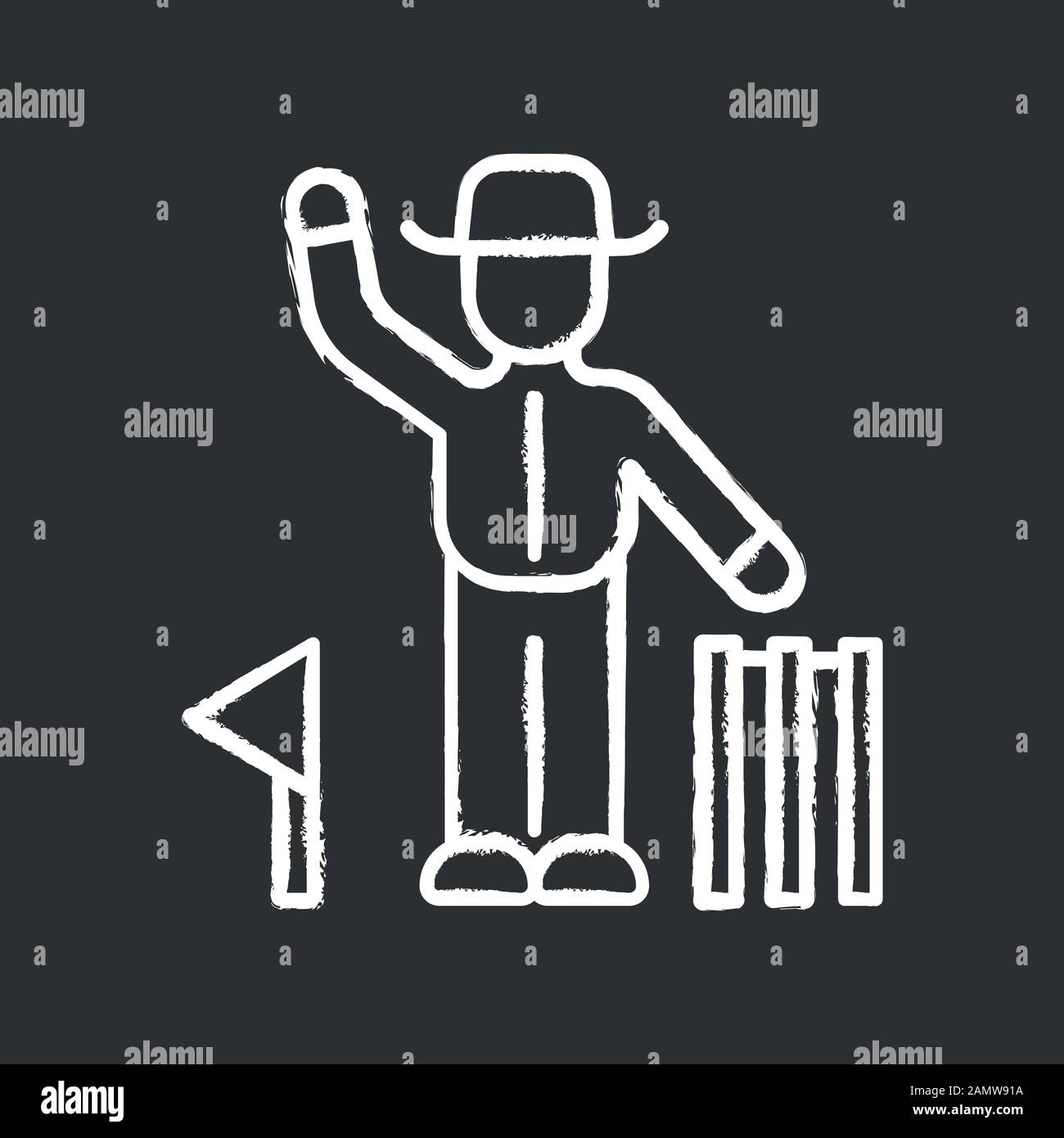 Cricket judge chalk icon. Umpire signals decision. Arbitrator follow game. Man in uniform, flag and wicket. Sport competition, tournament. Sports acti Stock Vector