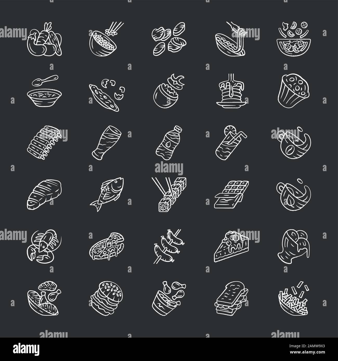 Menu dishes chalk icons set. Salads, first meal, main dishes. Burgers ...