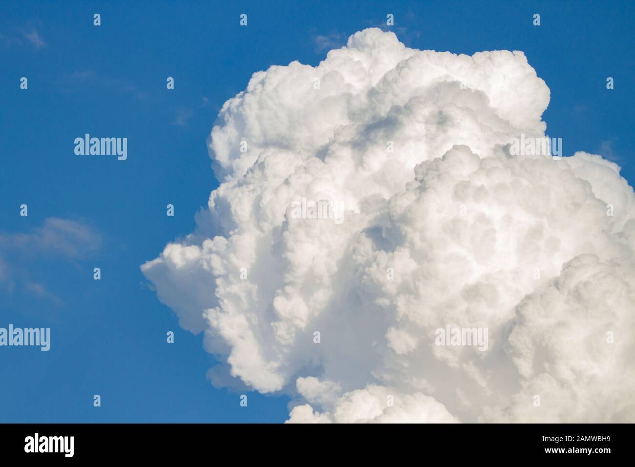 cumulonimbus white powerful rainstorm and thunderstorm.vertical mushroom strong cumulus .as dy warms up clouds form and can cause heavy rain and thund Stock Photo