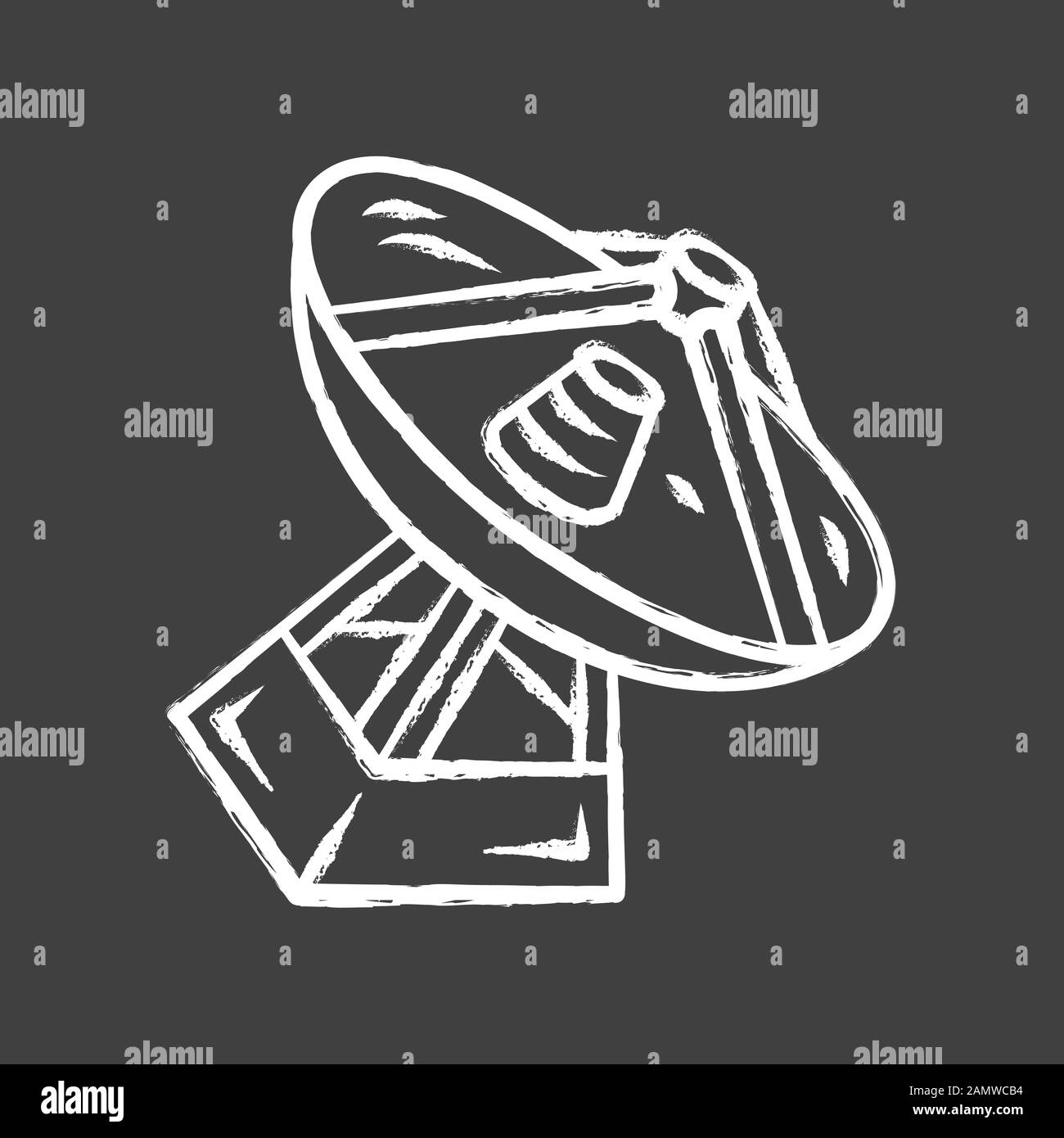 Radio telescope chalk icon. Antenna and radio receiver. Astronomy observing instrument. Parabolic antenna. Tracking satellites and space probes. Sky s Stock Vector
