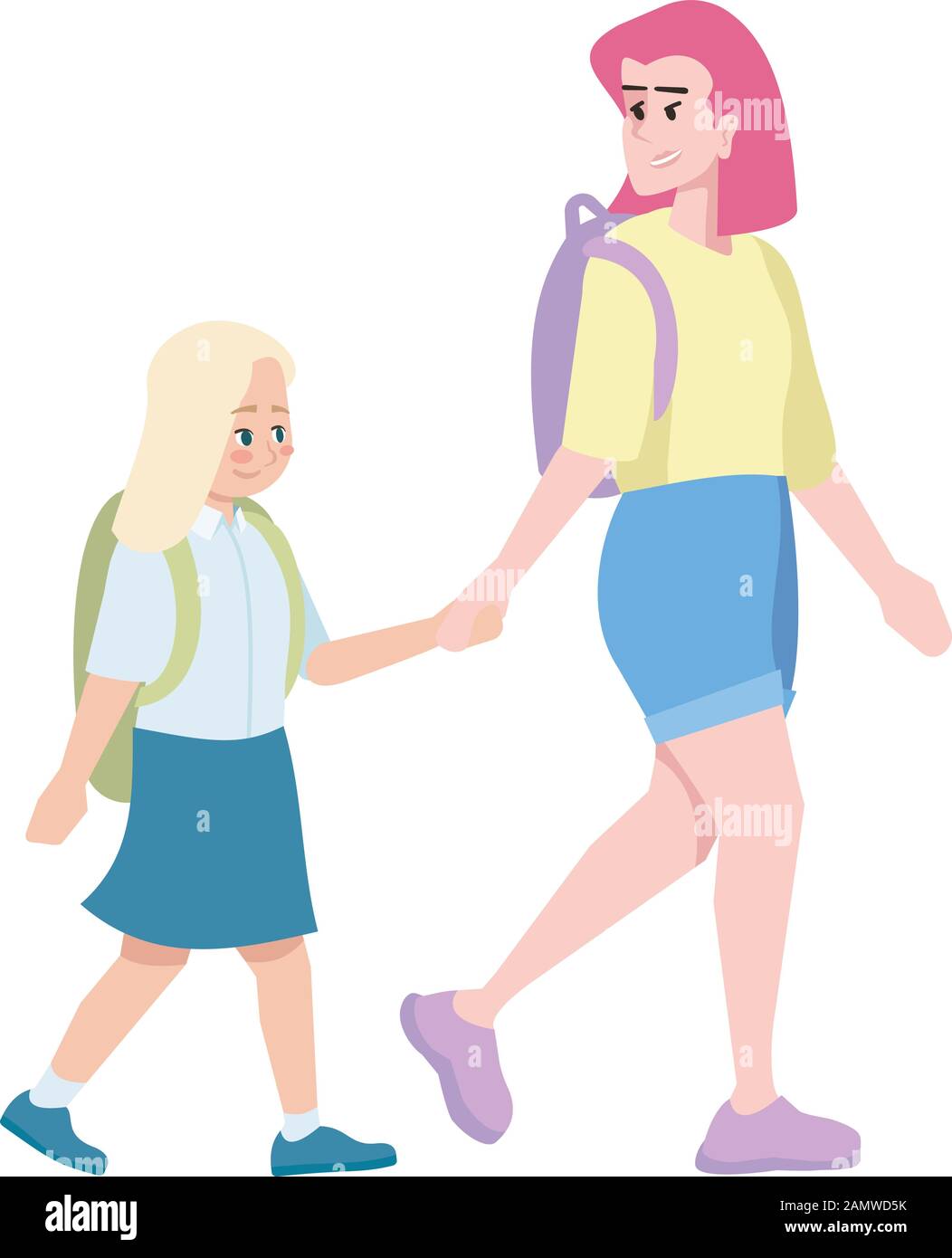 Young mother with blonde daughter going to school flat illustration. Happy parent and school girl holding hands cartoon characters isolated on white. Stock Vector