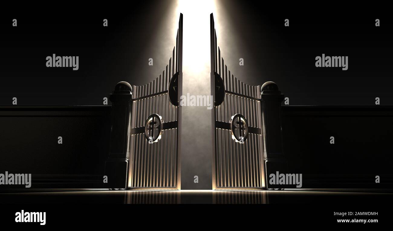 The pearly gates of heaven spotlit from above by an ethereal light on a dark moody background - 3D render Stock Photo
