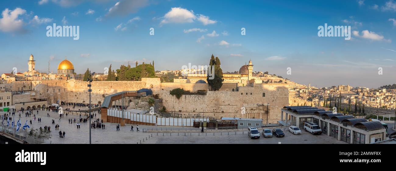 Western wall in Jerusalem Old City, panoramic view at sunset, Israel. Stock Photo