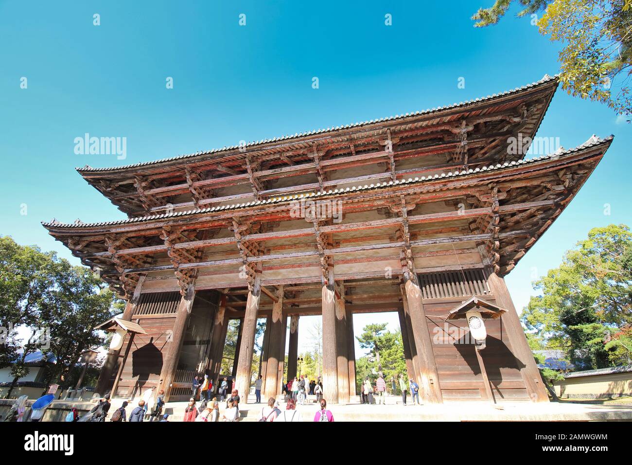 Unidentified people visit Todaiji temple Nandaimon gate Nara Japan Stock Photo