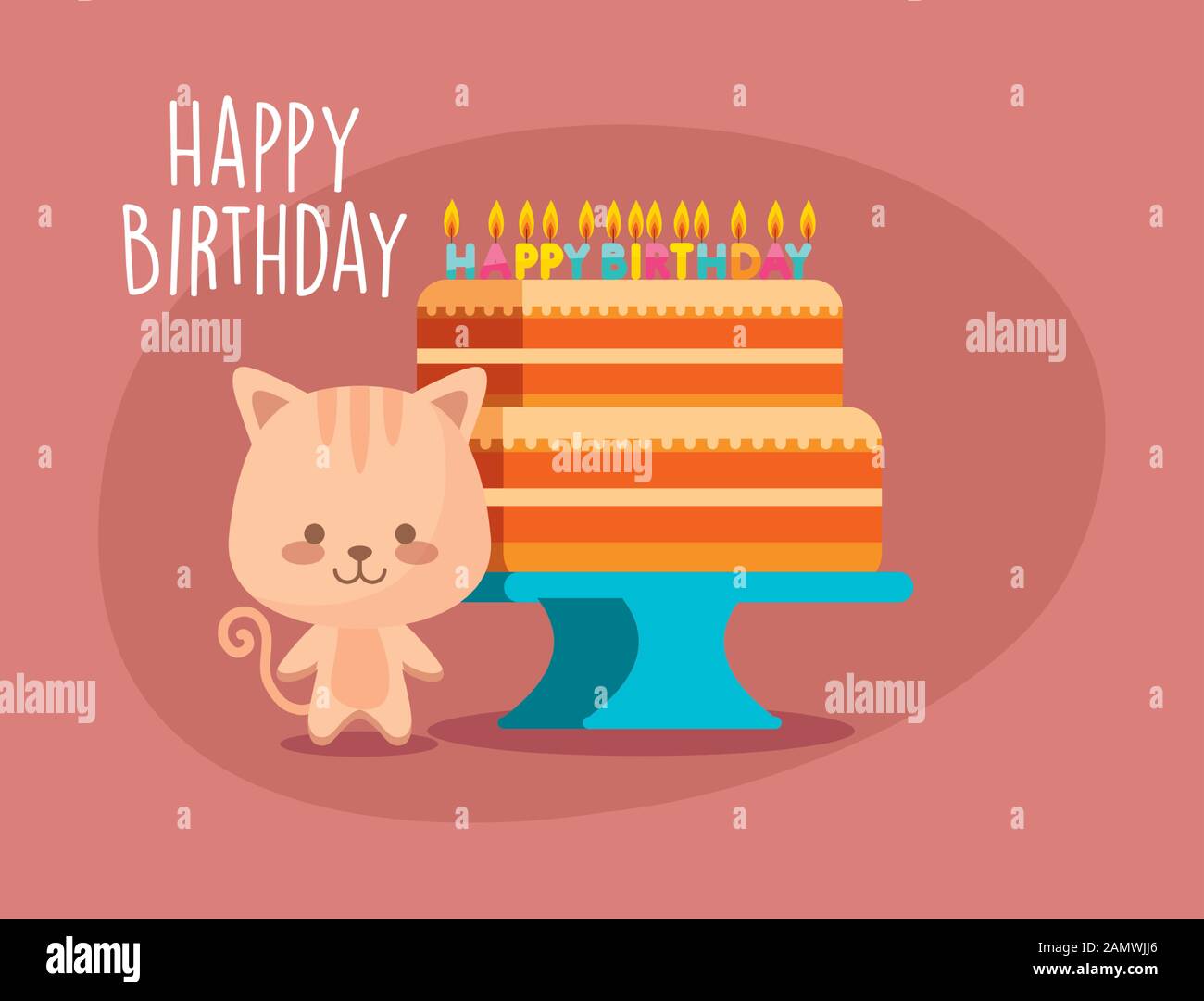Cat Cartoon And Cake Design Happy Birthday Card Celebration Decoration Surprise Party Anniversay And Invitation Theme Vector Illustration Stock Vector Image Art Alamy