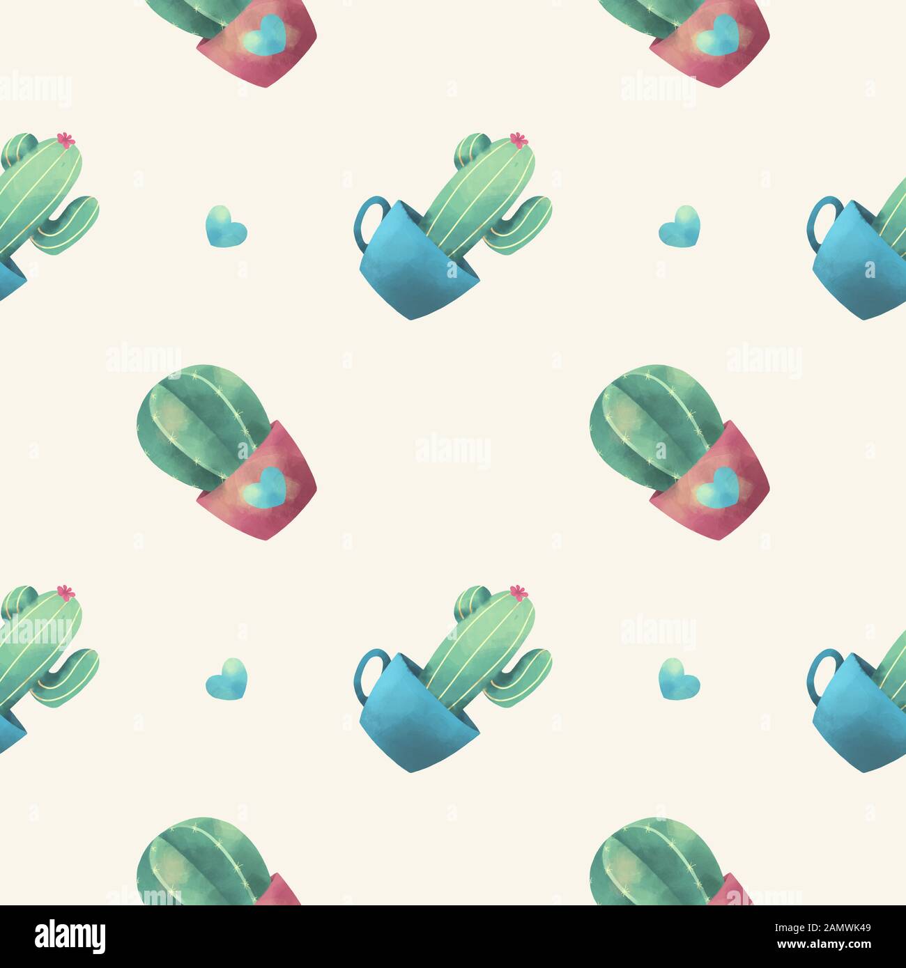 Watercolor style seamless pattern with cute cactus plants in flower ...