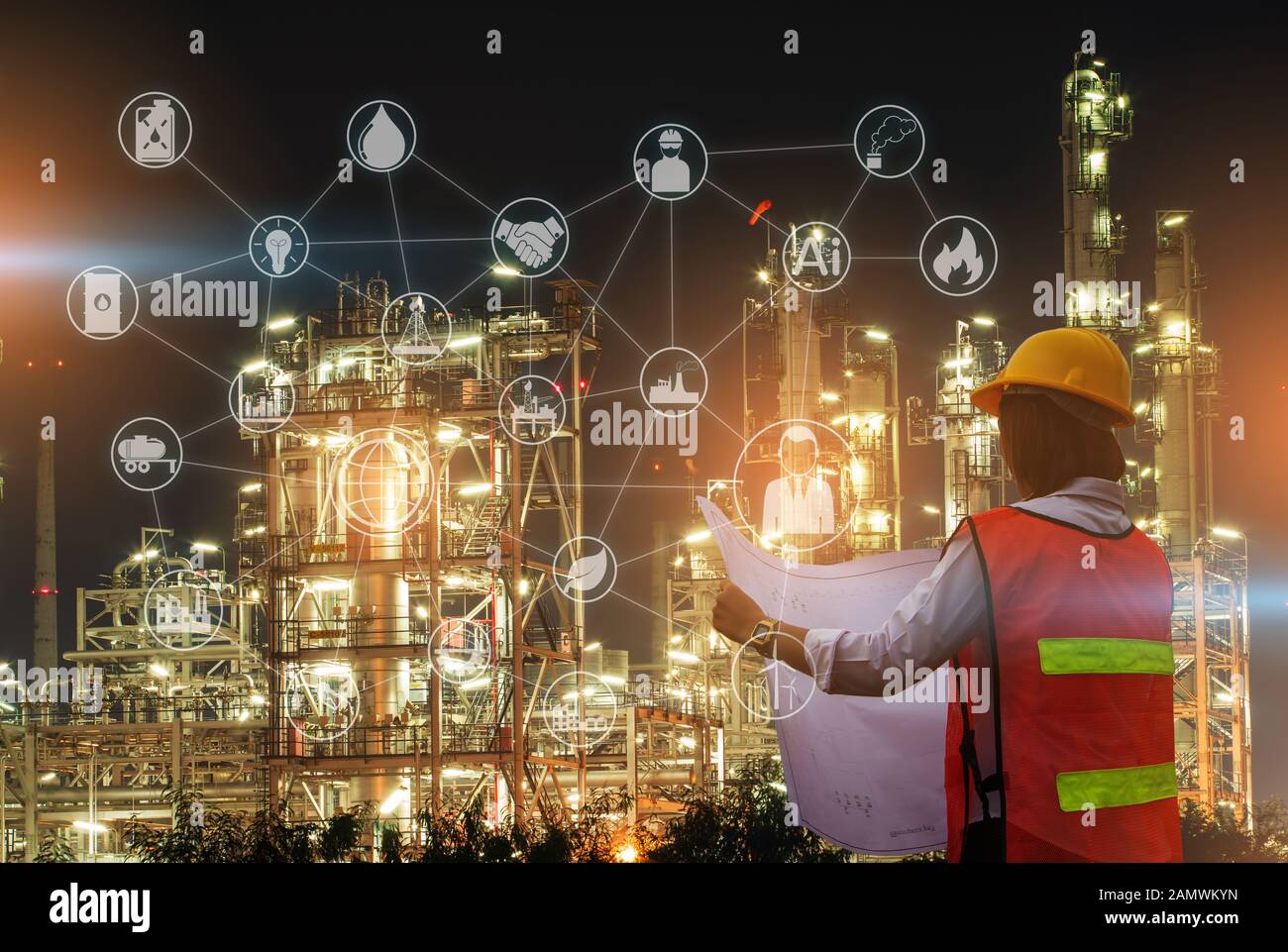 The people worker women engineer work control at power plant energy industry manufacturing oil refinery. Engineering check plant with blue print at su Stock Photo