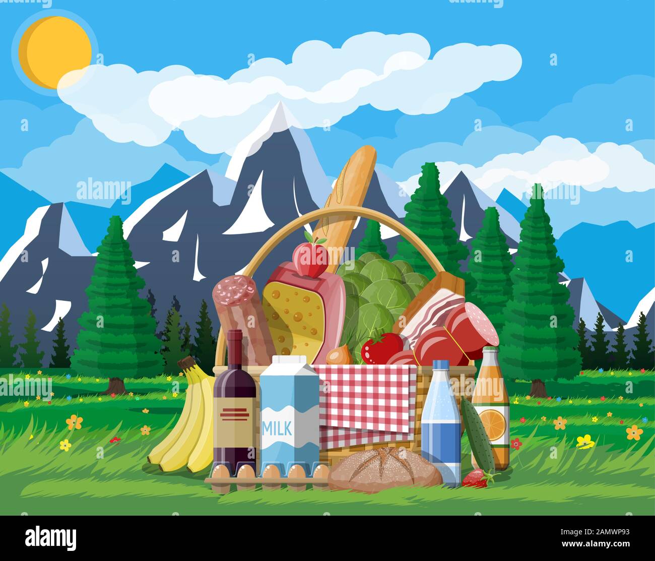 WIcker picnic basket full of products Stock Vector Image & Art Alamy