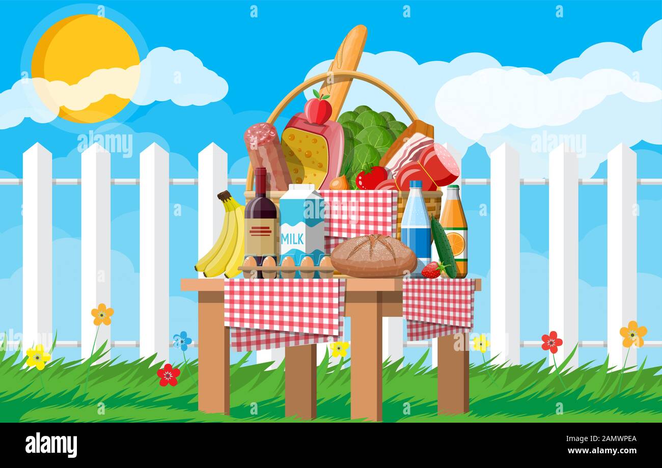 WIcker picnic basket full of products Stock Vector Image & Art - Alamy