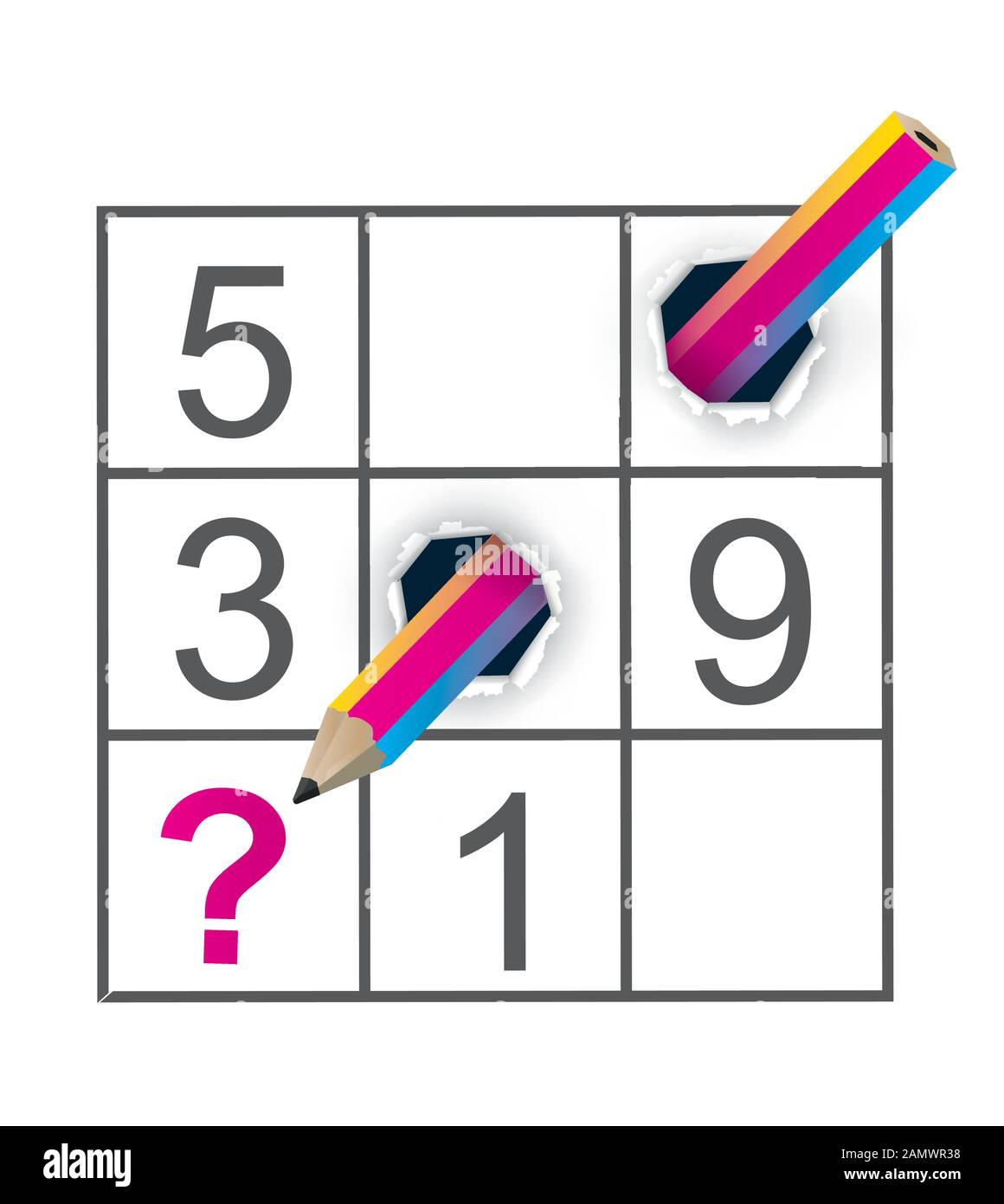 Sudoku Puzzle grid and Crazy Pencil. Colorful Pencil ripped paper with sudoku. Vector available. Stock Vector