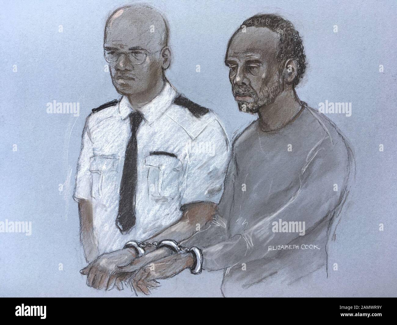 Court artist sketch dated 09/08/19 of Muhammad Rodwan, 56, who is due to go on trial accused of a machete attack on a police officer. Stock Photo