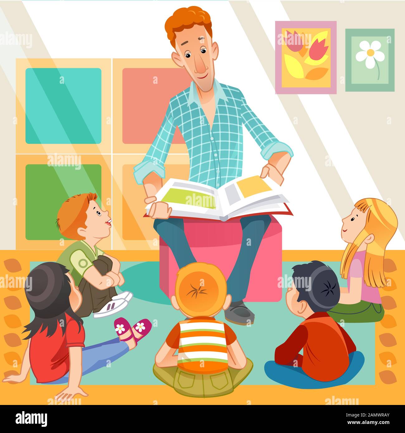 Teacher Reading for Cute Kids in The Kinder Garden. Elementary Students and Teacher Man. Cartoon Style Vector Illustration. Stock Vector