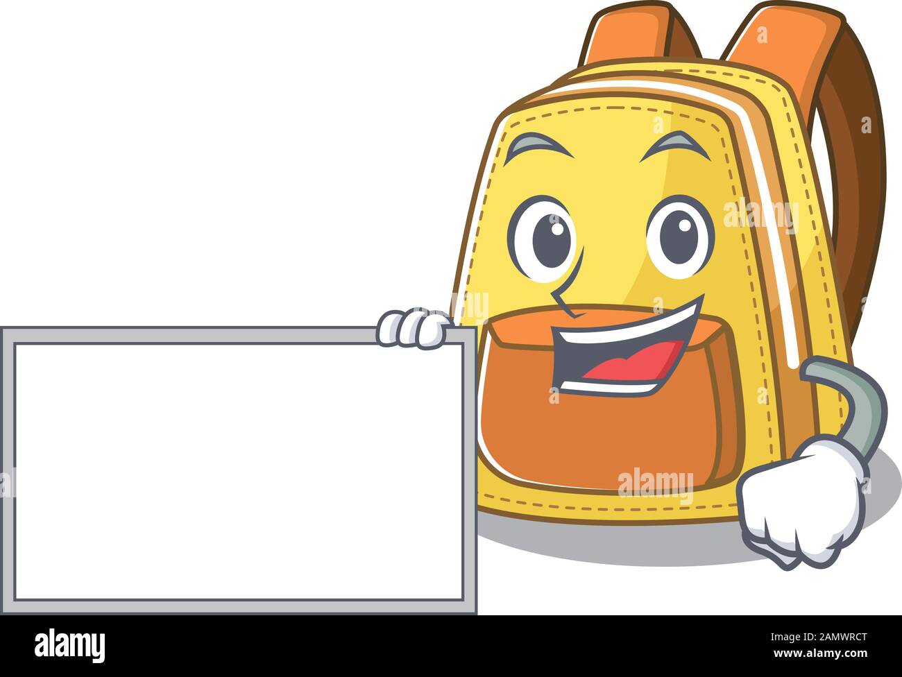 Funny kids school backpack cartoon character design style with board