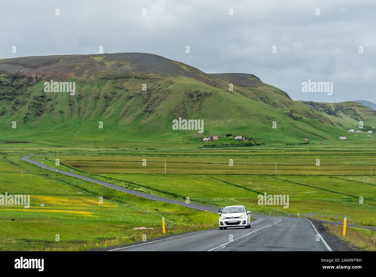 Vik, Iceland June 14, 2018 Mountains lush green landscape view on