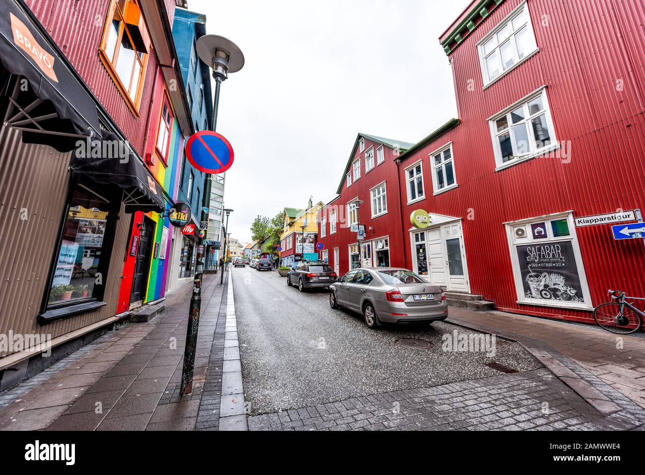 Reykjavik, Iceland - June 19, 2018: Klapparstigur street road in downtown wide angle view and stores shops gay bar sign Stock Photo