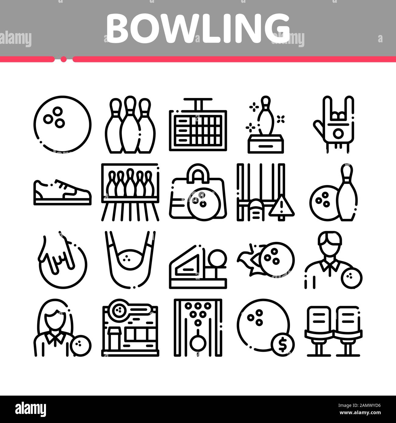 Bowling Game Tools Collection Icons Set Vector Stock Vector
