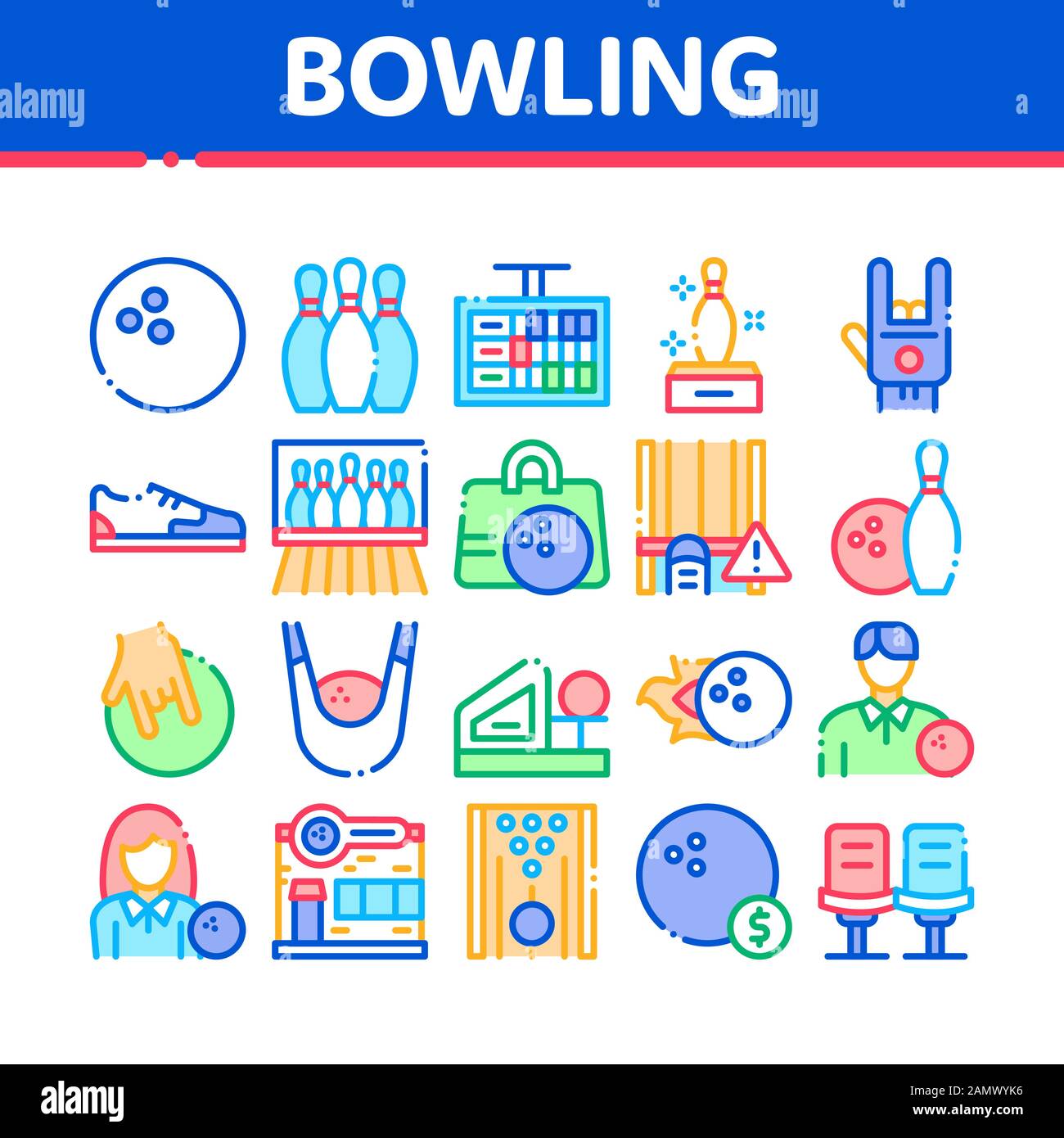 Bowling Game Tools Collection Icons Set Vector Stock Vector