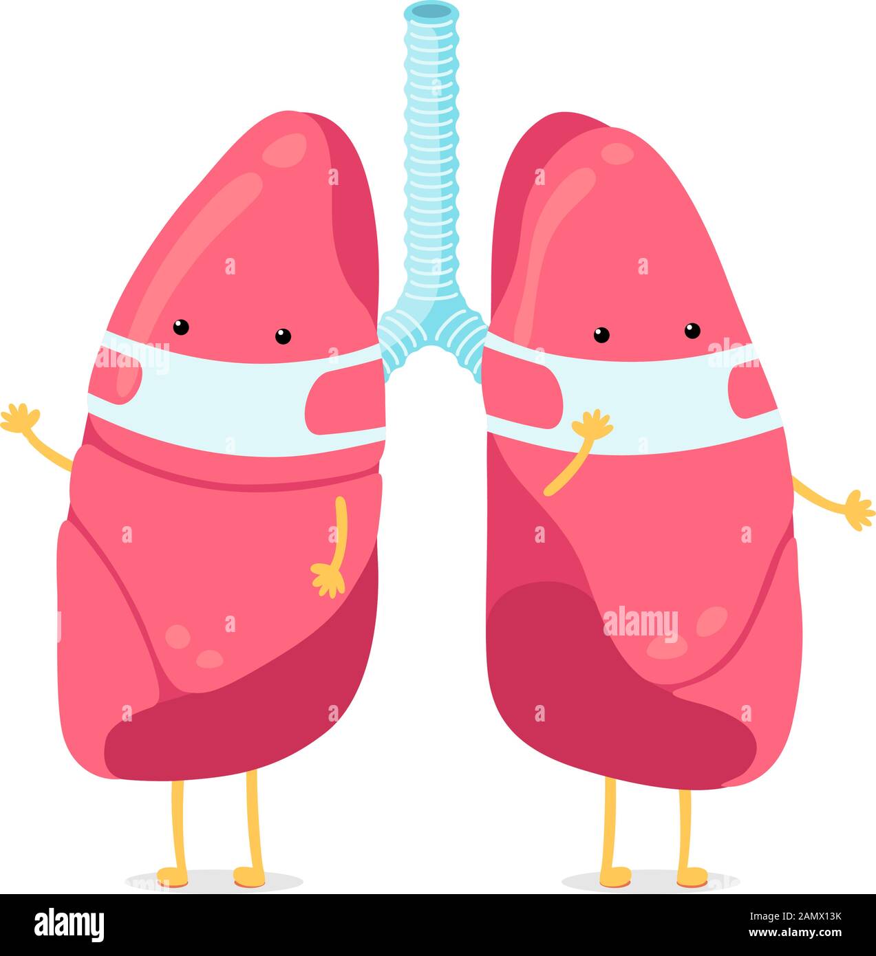 Cute cartoon lungs character with breathing hygiene mask on face. Human respiratory system lung internal organ mascot. Medical healthy anatomy air pollution protection vector illusrtation Stock Vector