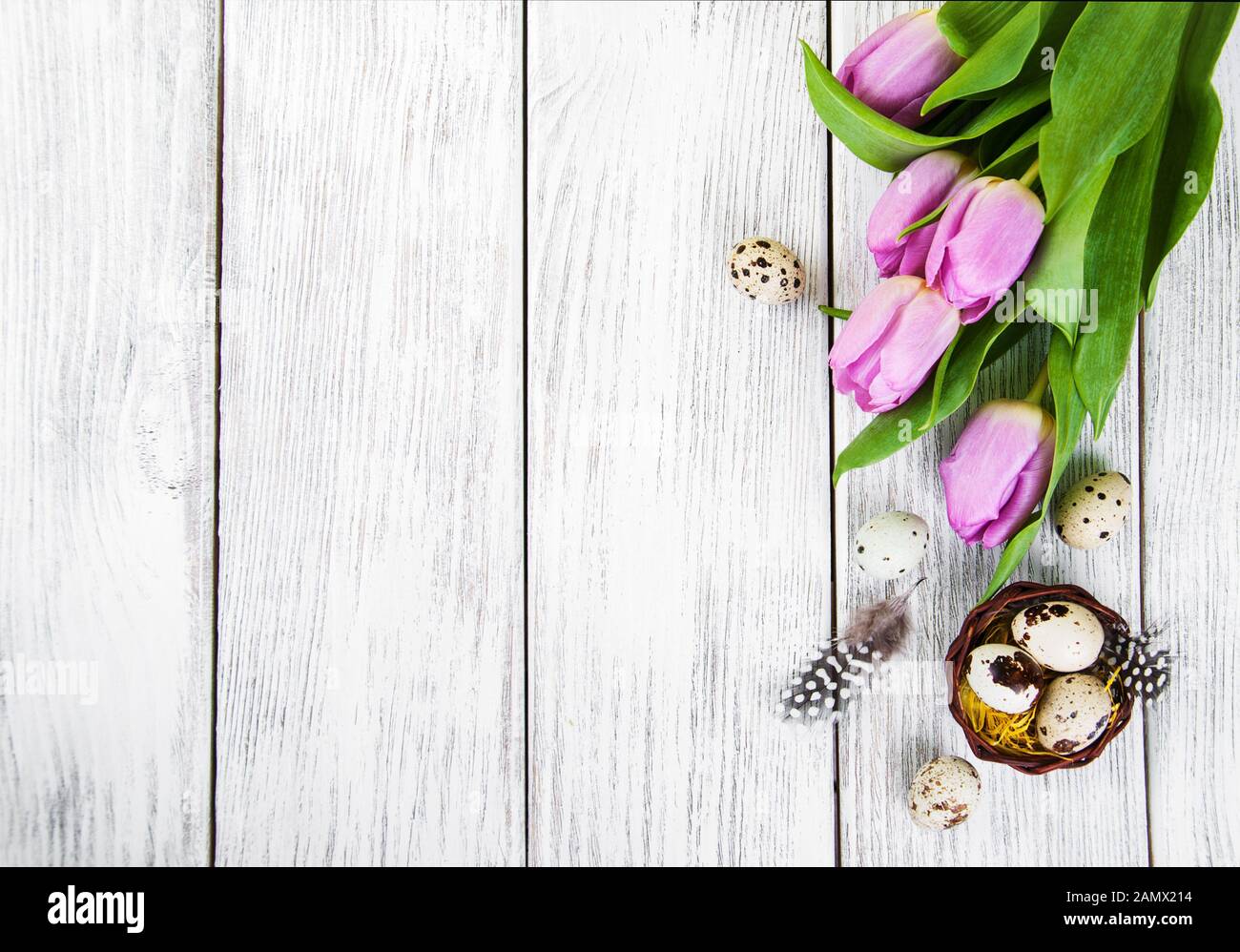 easter background with eggs in nest and pink tulips Stock Photo - Alamy