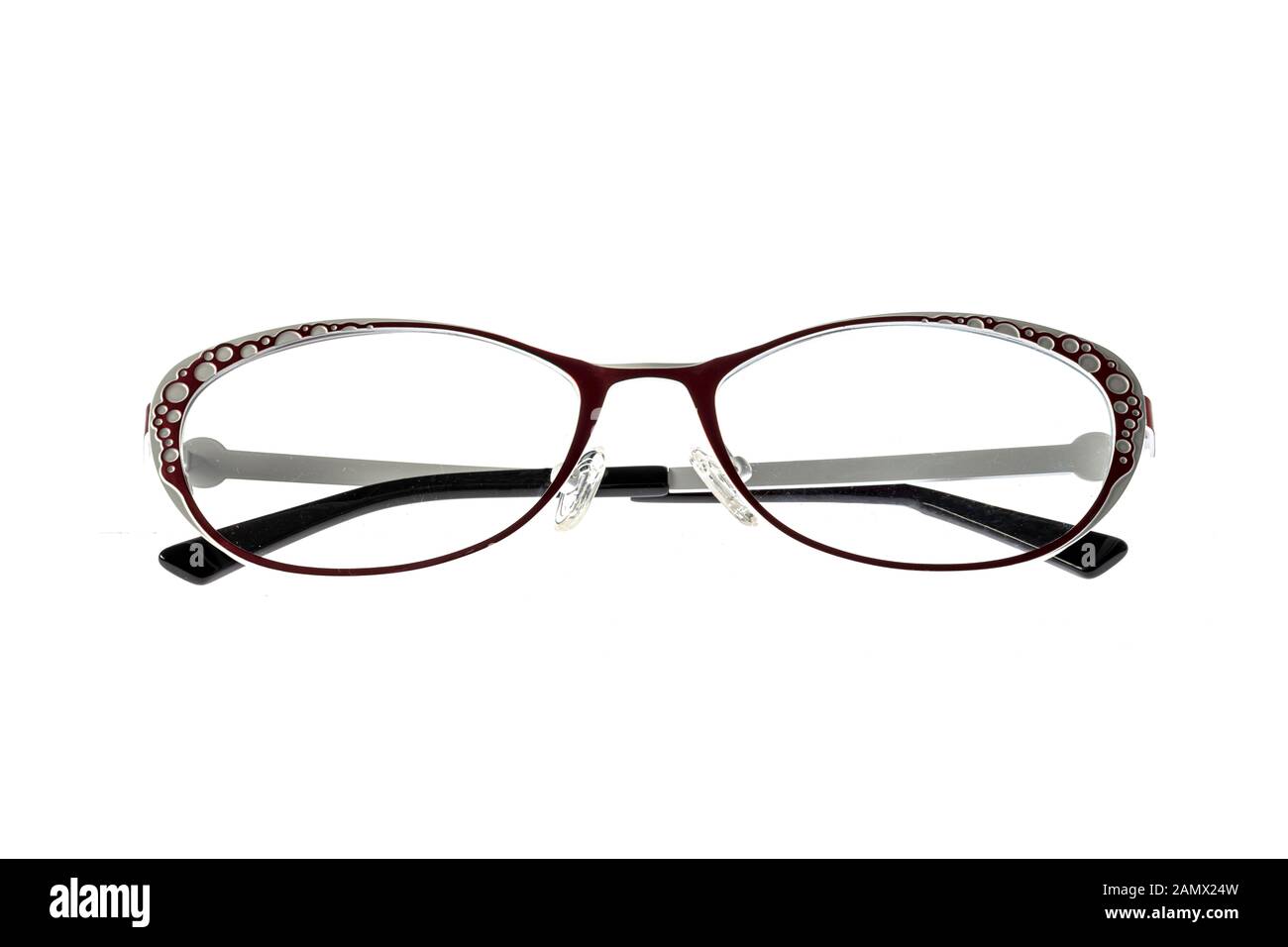 Eyeglasses red framed on white background with soft focus Stock Photo