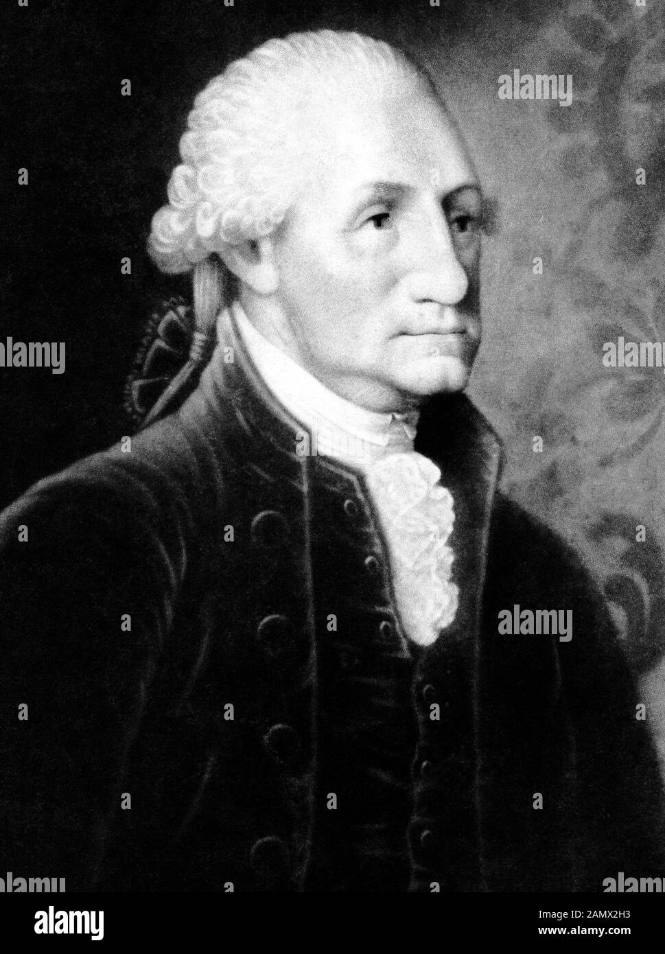 Vintage portrait of George Washington (1732 - 1799) – Commander of the Continental Army in the American Revolutionary War / War of Independence (1775 – 1783) and the first US President (1789 - 1797). Detail from a 1793 print, from a painting by artist Edward Savage (1761 – 1817). Stock Photo
