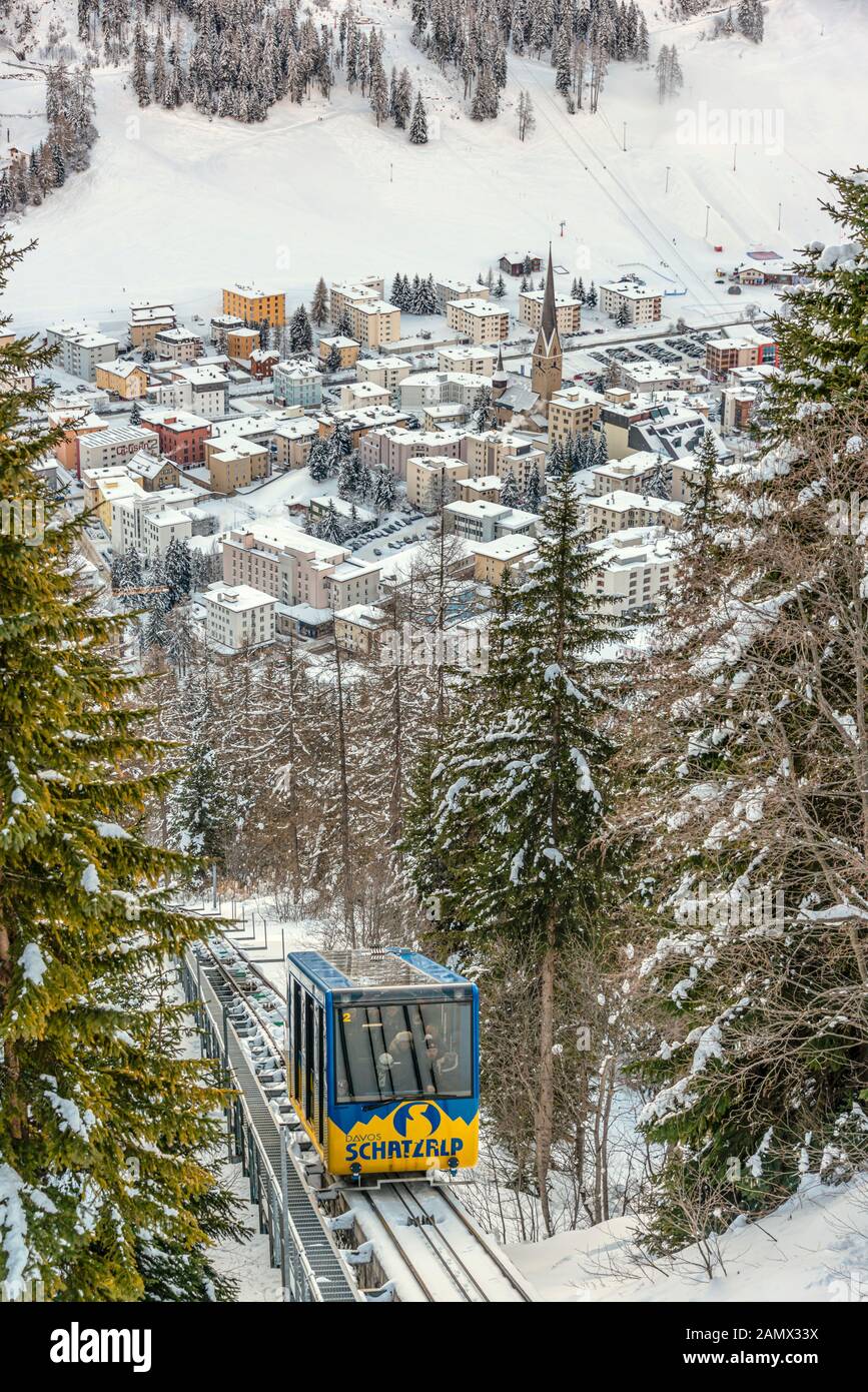 Cable car to Schatzalp in Davos Platz in winter, Graubünden, Switzerland Stock Photo