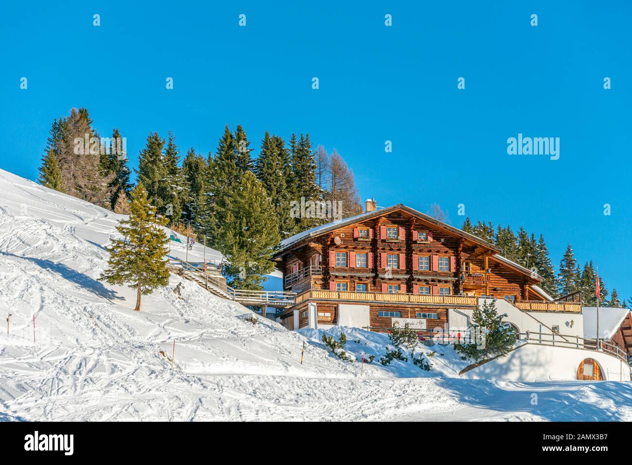 Bergrestaurant Strela-Alp, Davos in winter, Graubünden, Switzerland Stock Photo