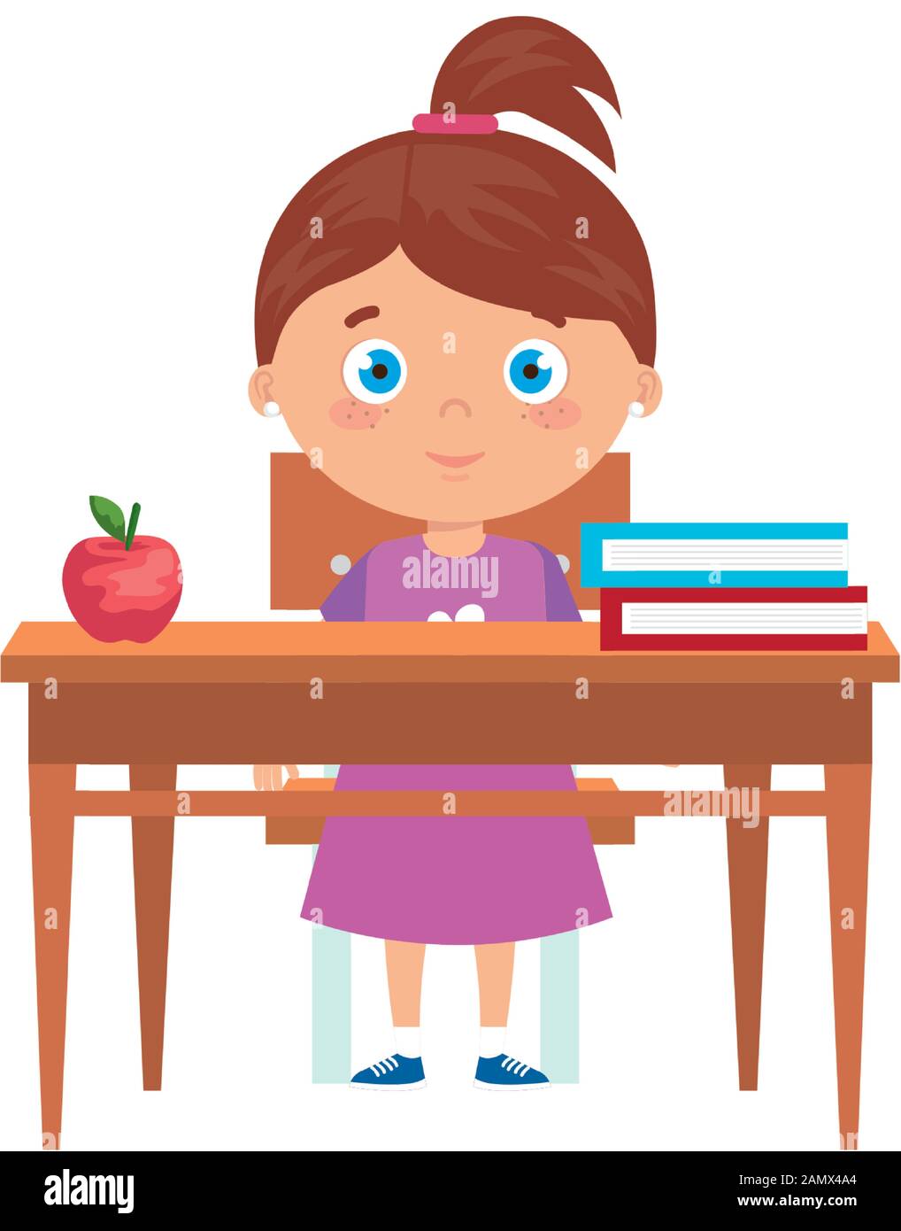 student girl sitting in school desk on white background Stock Vector ...